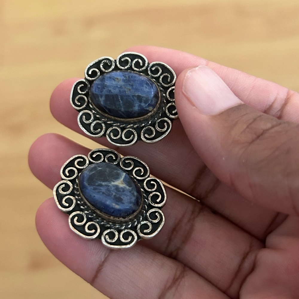 Vintage Taxco Mexico 925 Sterling Silver Blue Sodalite Clip On Earrings